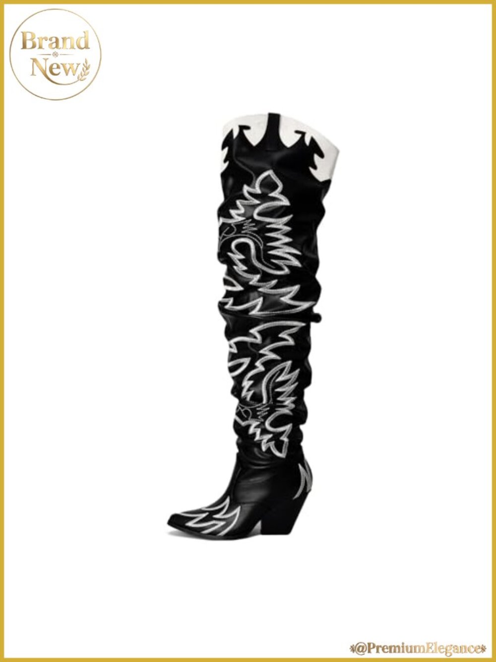 Faux Leather Slouchy Over the Knee Thigh High Cowboy Boots Chunky Heel